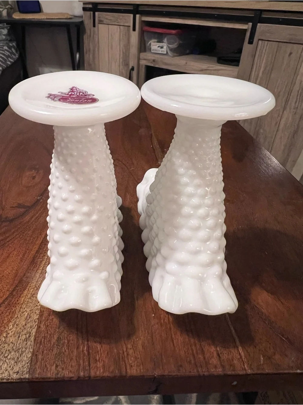Vintage Fenton Milk Glass Hobnail Fan Vases Ruffled Pair